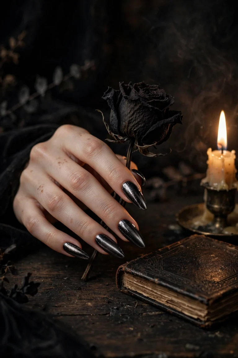 Dark nail designs fall 2026 — black chrome almond nails with dried black rose