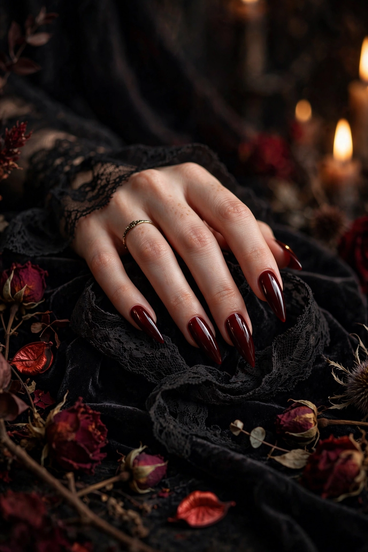 Vampire blood red dark nail designs on black lace with dried flowers
