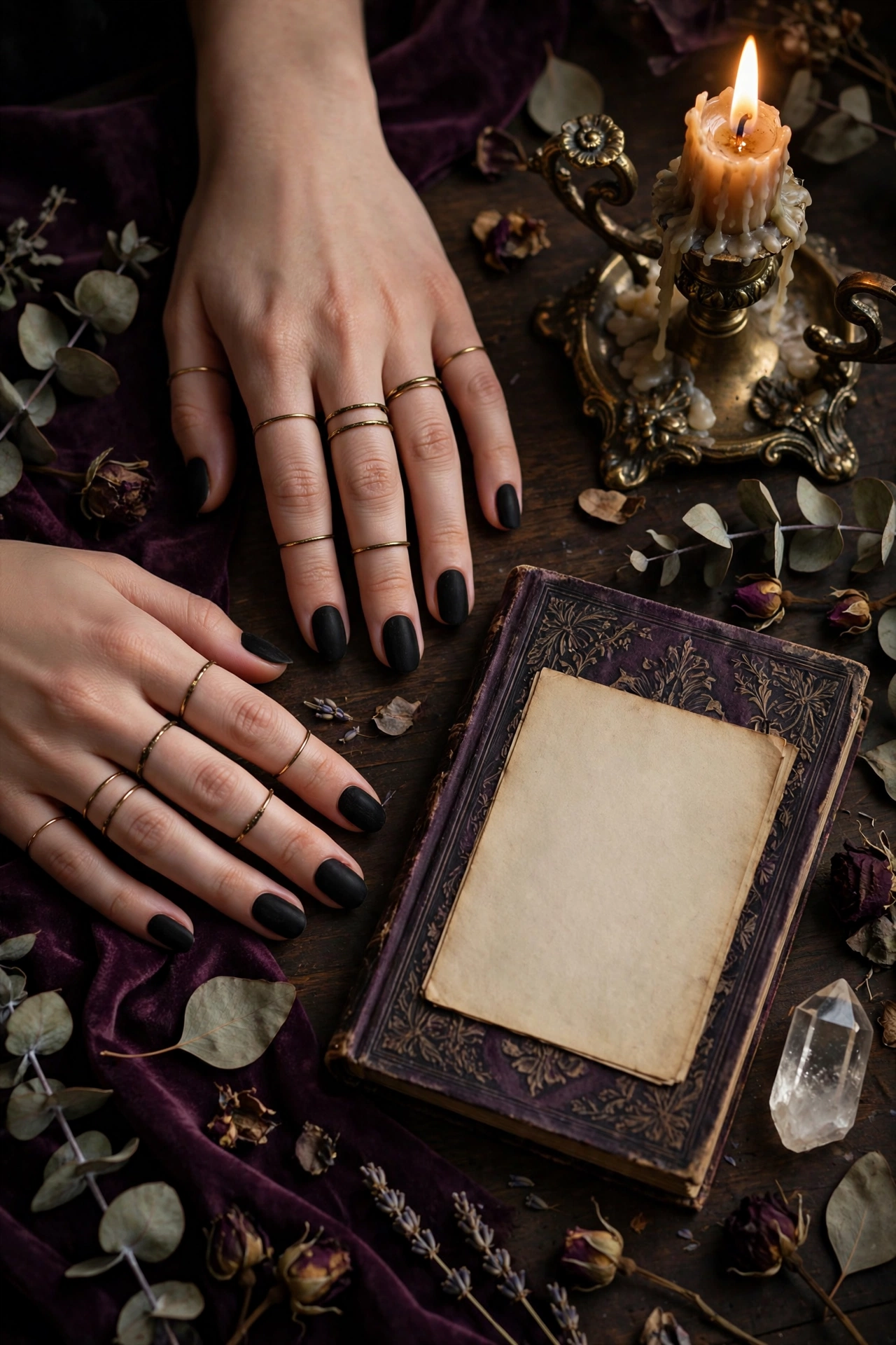 Velvet matte black dark nail designs with gold rings, gothic poetry book flat lay