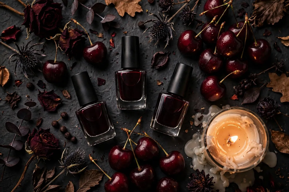 Black cherry nails flat lay — black cherry nail polish bottles with fresh cherries and candle, dark moody