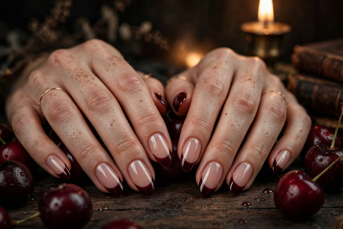 Black cherry nail designs — black cherry French tip nails with fresh cherries, moody fall candlelight
