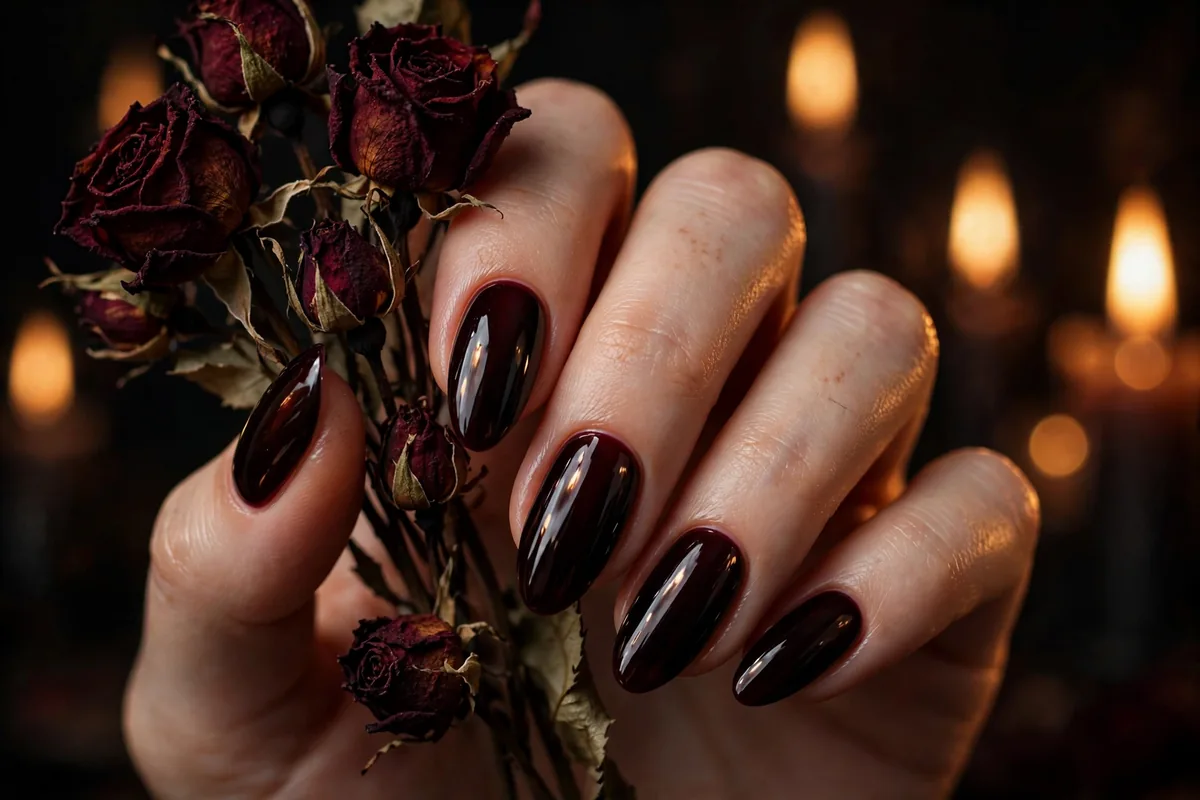 Black cherry nails fall 2026 — glossy black cherry almond manicure with dried roses, candlelit