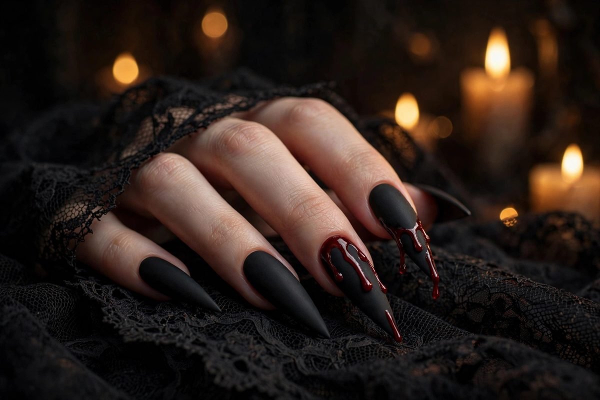 Gothic Halloween nail designs — matte black stiletto nails with blood-red drip accents on black lace