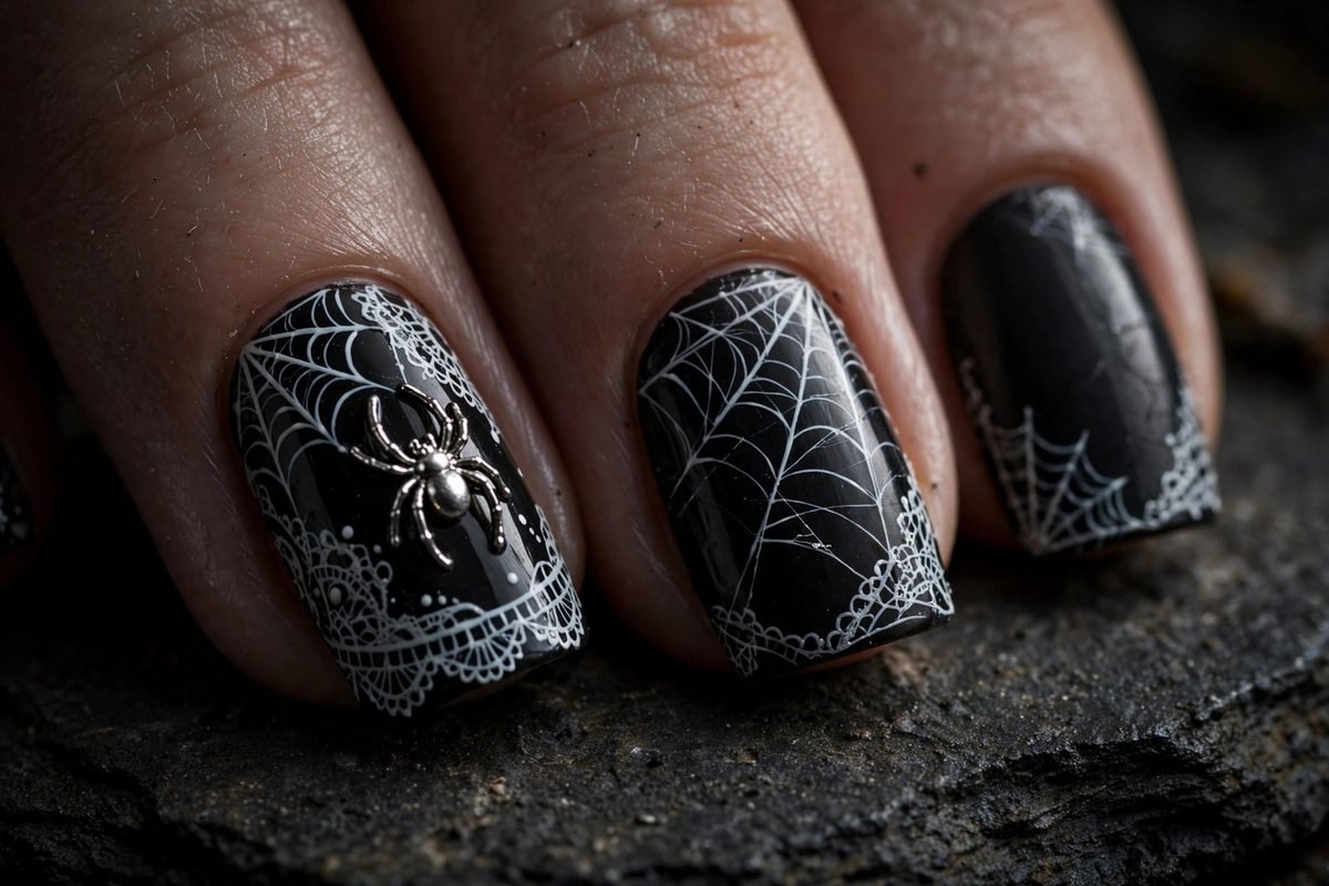 Spiderweb lace Halloween nail designs — white web art on short black nails with silver spider charm