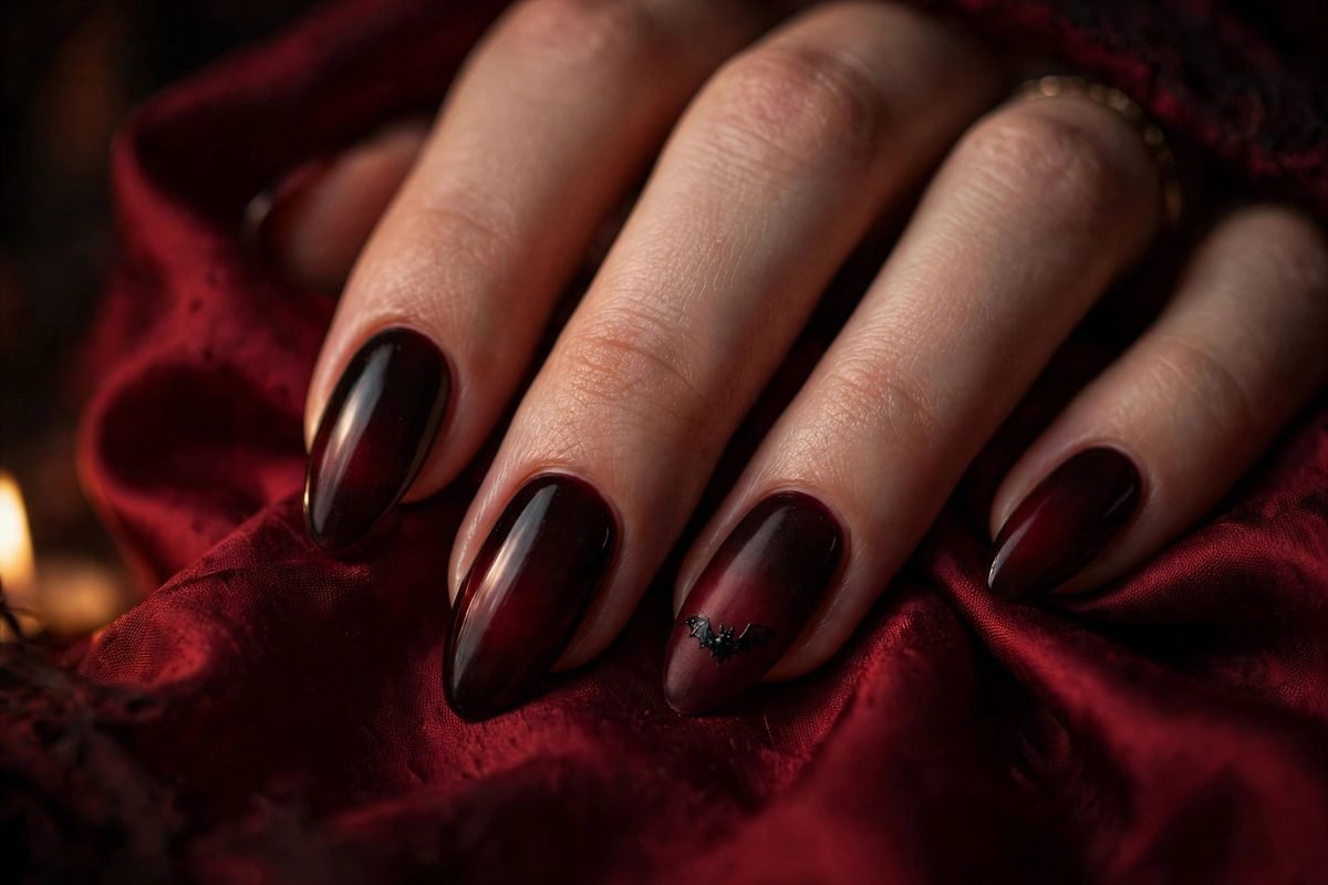 Vampire Halloween nail designs — deep burgundy almond nails with dark ombre and bat accent nail