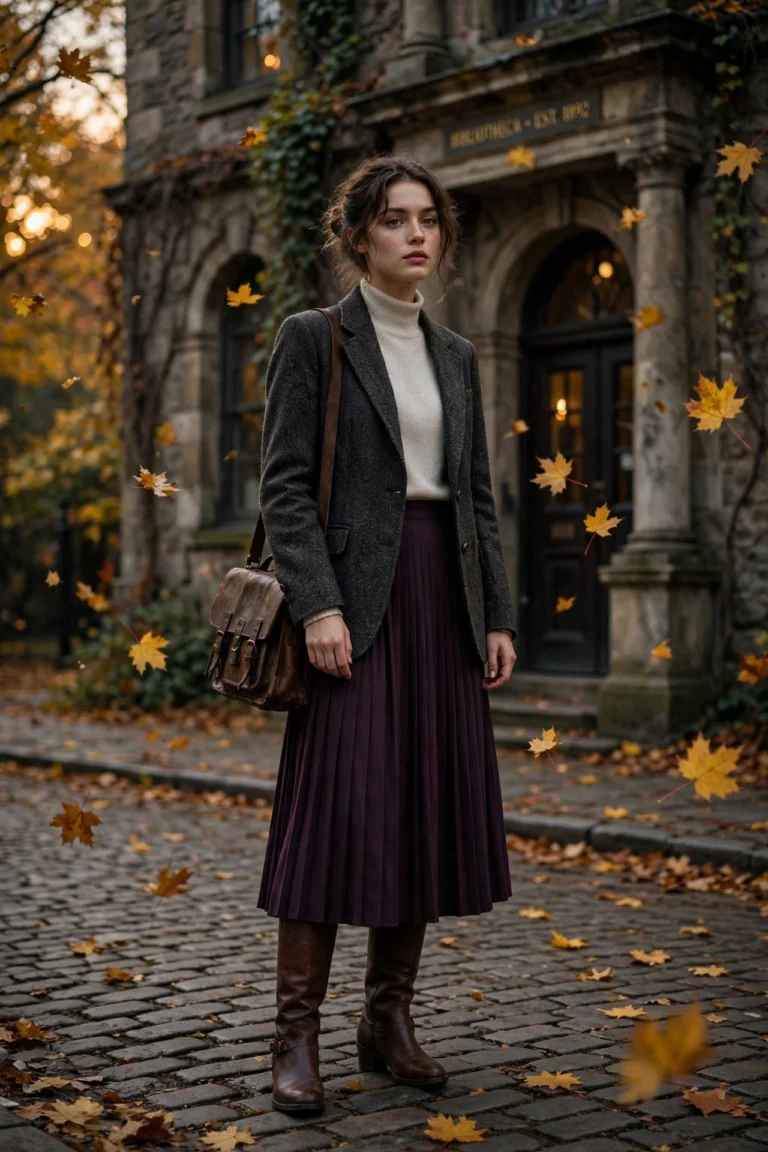 Woman in dark academia fall outfit — tweed blazer, cream turtleneck, dark plum pleated skirt and leather satchel outside an old library