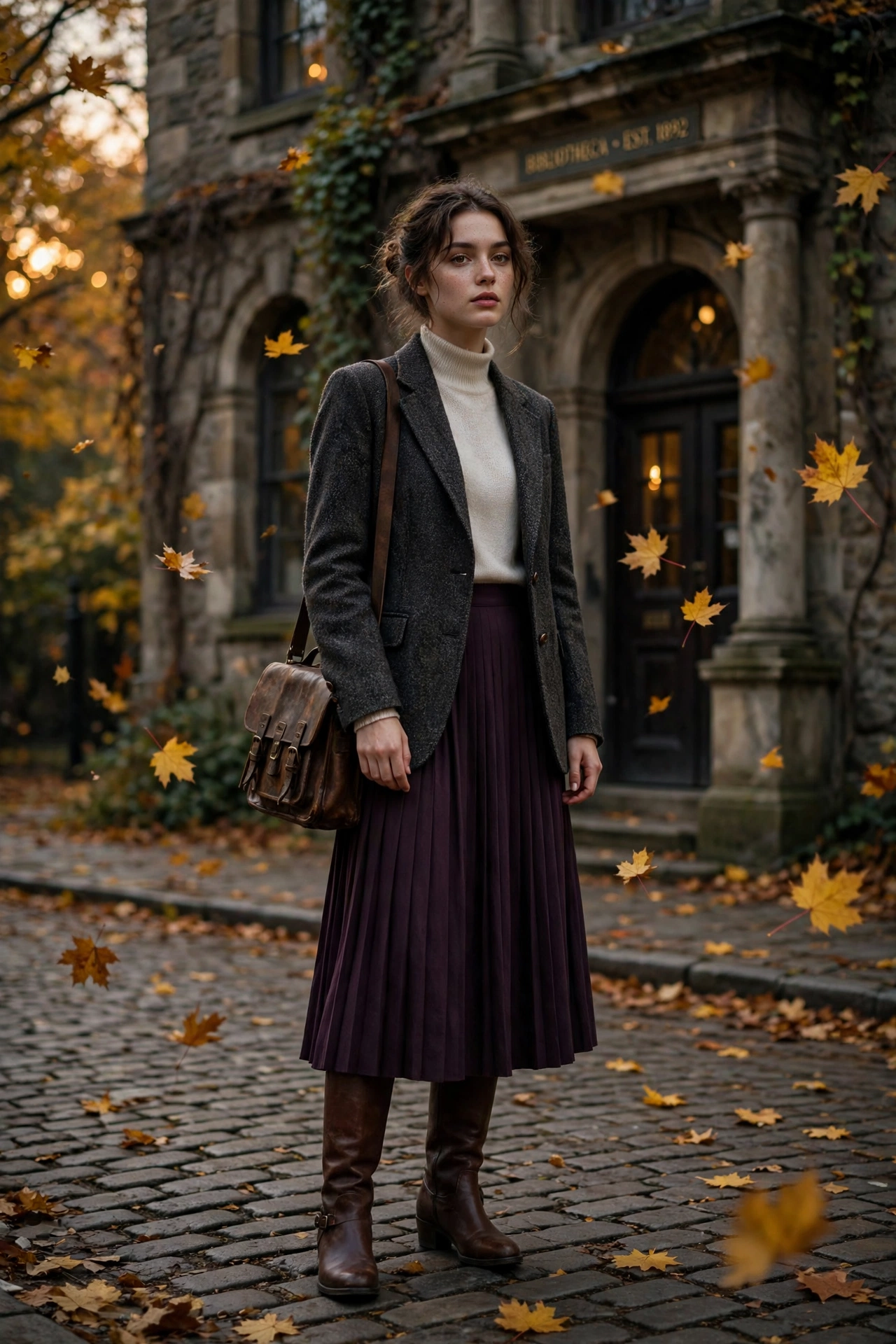 Woman in dark academia fall outfit — tweed blazer, cream turtleneck, dark plum pleated skirt and leather satchel outside an old library