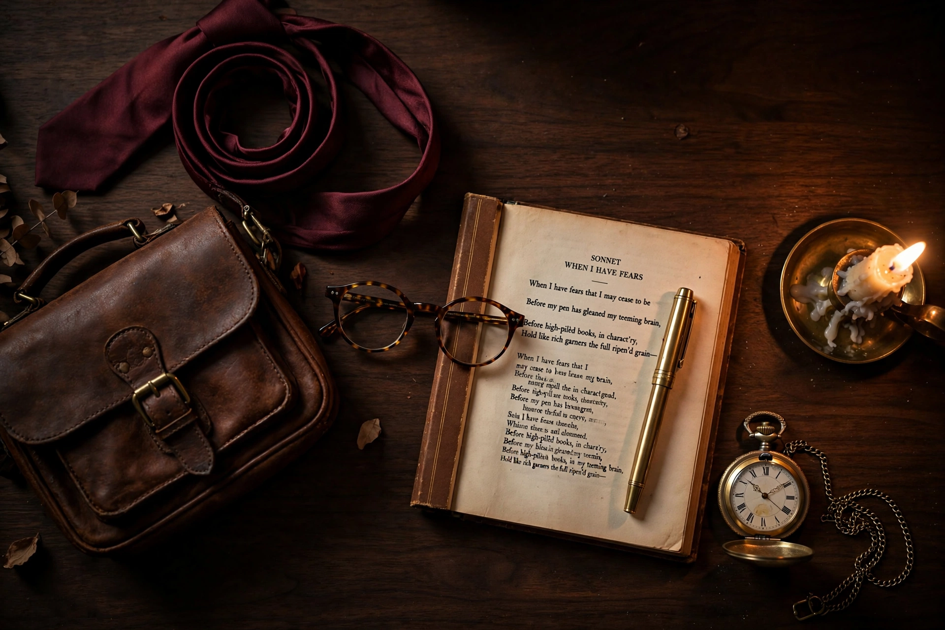 Dark academia accessories flat lay — burgundy silk tie, vintage leather satchel, fountain pen and poetry book on dark wood
