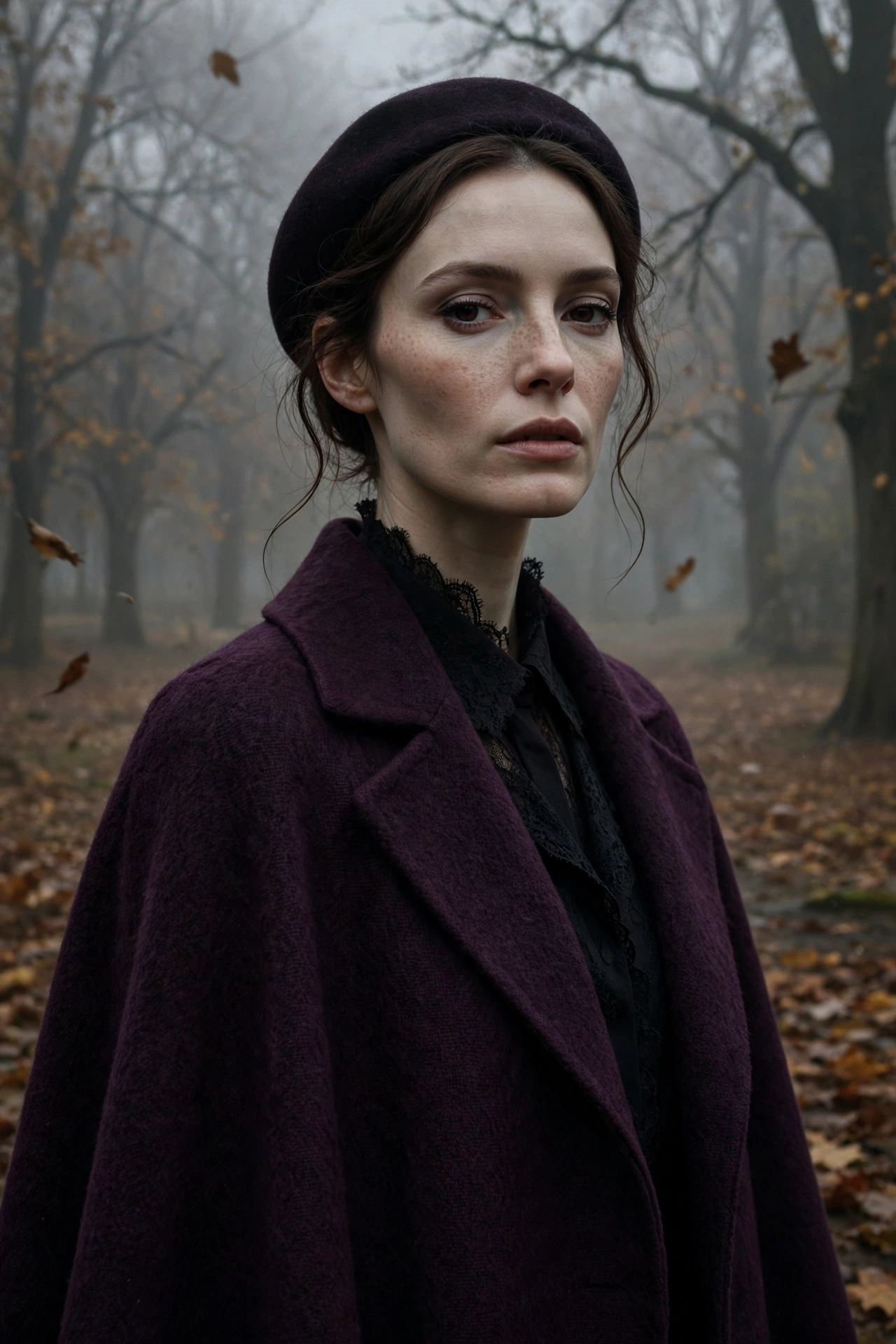 Dark plum noir wool cape outfit with beret — dark academia fall fashion 2026