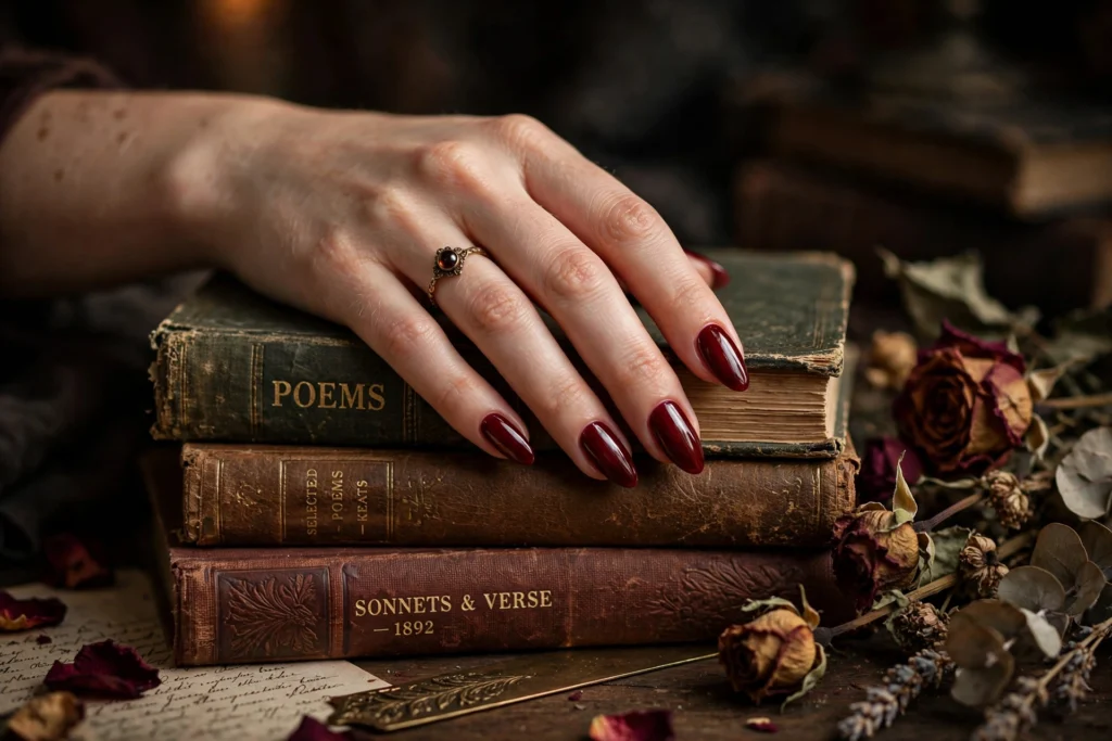 Glossy oxblood wine red manicure on almond nails, dark romantic fall nail look