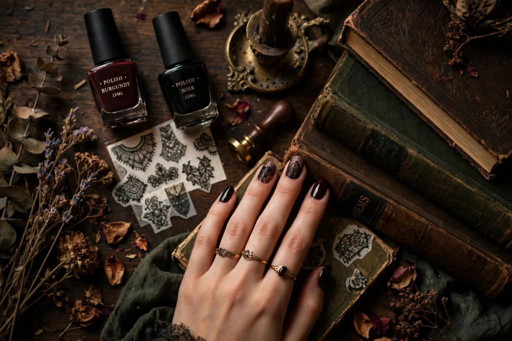 Dark academia nail art flat lay — dark polish bottles, lace nail stickers and manicured hand on vintage books
