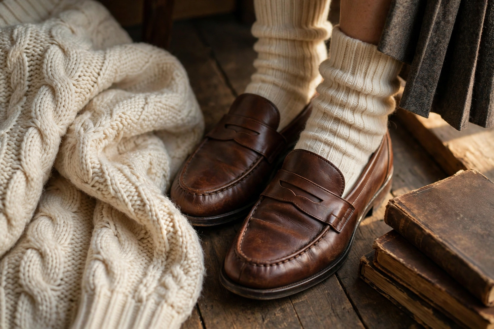 Poetcore style details — cable-knit texture, loafers and pleated skirt