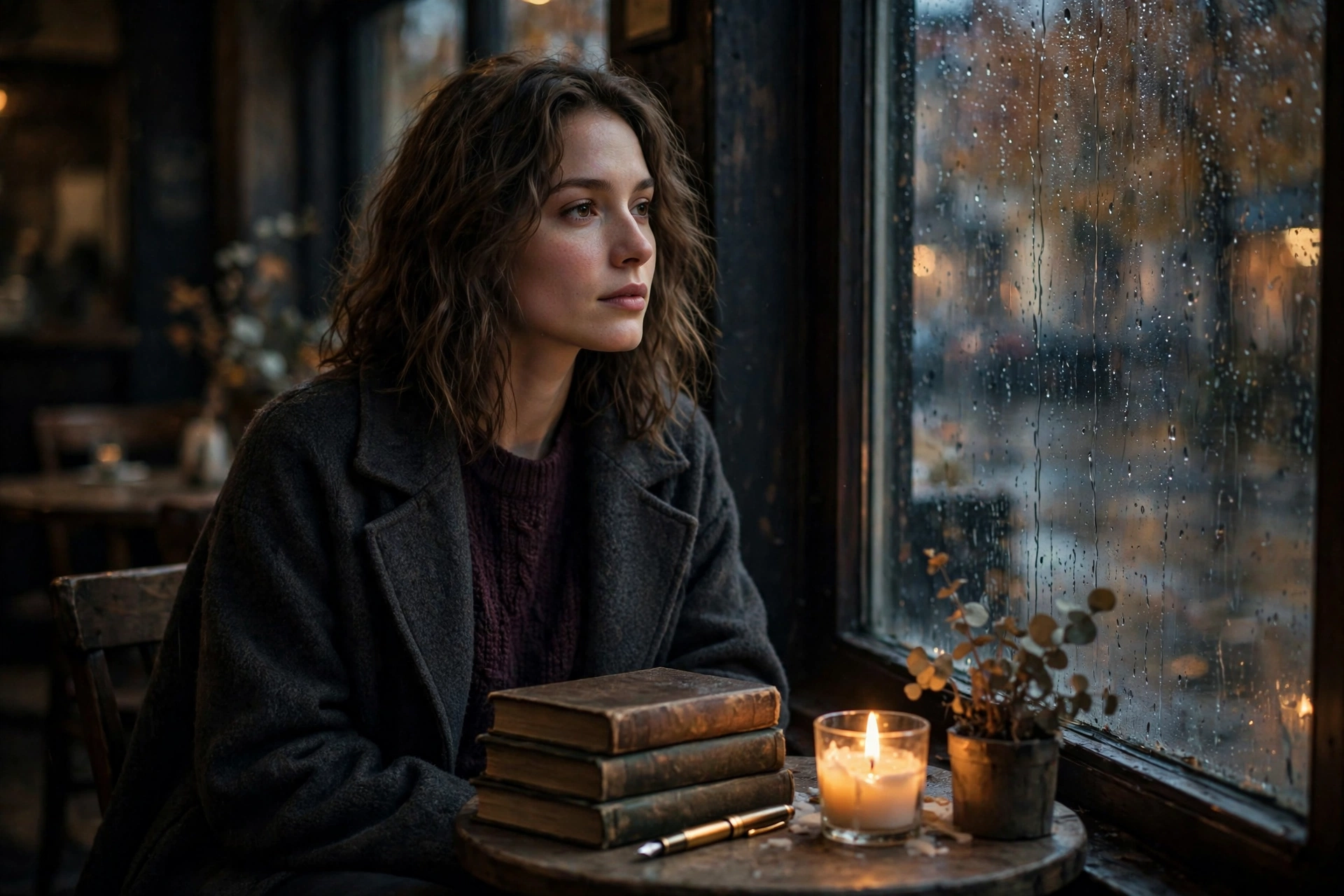 Dark plum poetcore sweater at a café with books