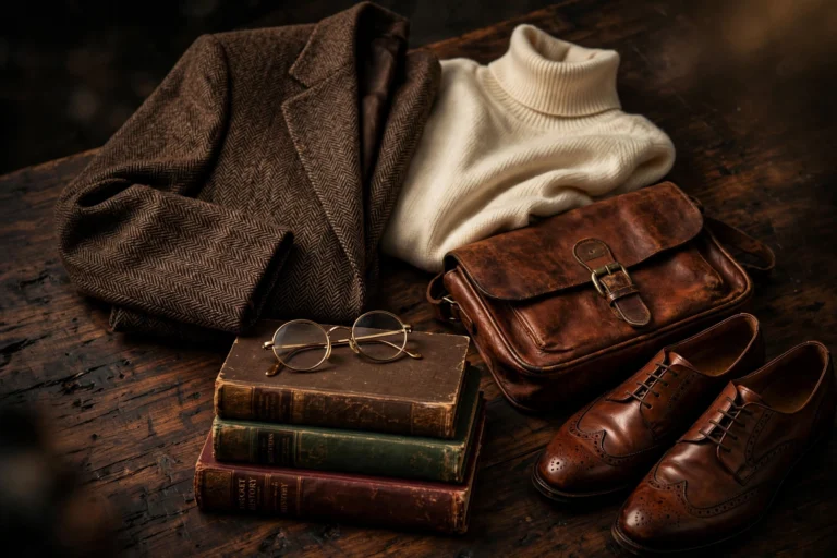 Tweed blazer outfit flat lay — brown herringbone tweed blazer, cream turtleneck, leather satchel, oxfords