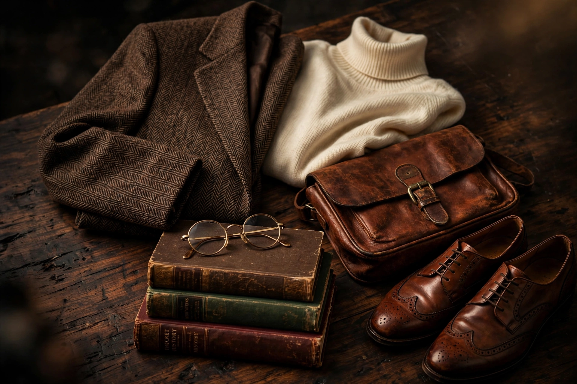Tweed blazer outfit flat lay — brown herringbone tweed blazer, cream turtleneck, leather satchel, oxfords