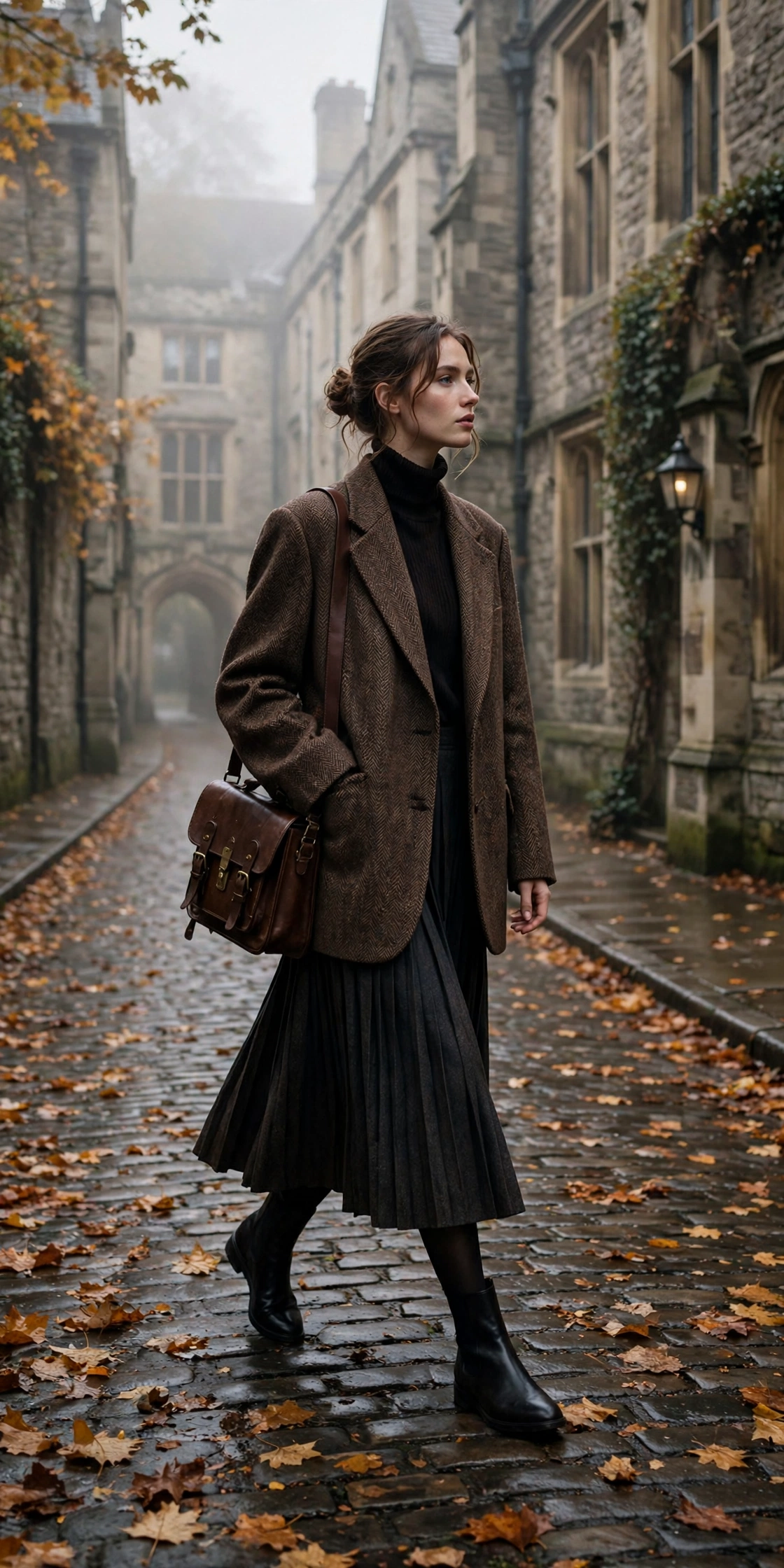 Woman in oversized tweed blazer walking through autumn street — cinematic dark academia fall outfit