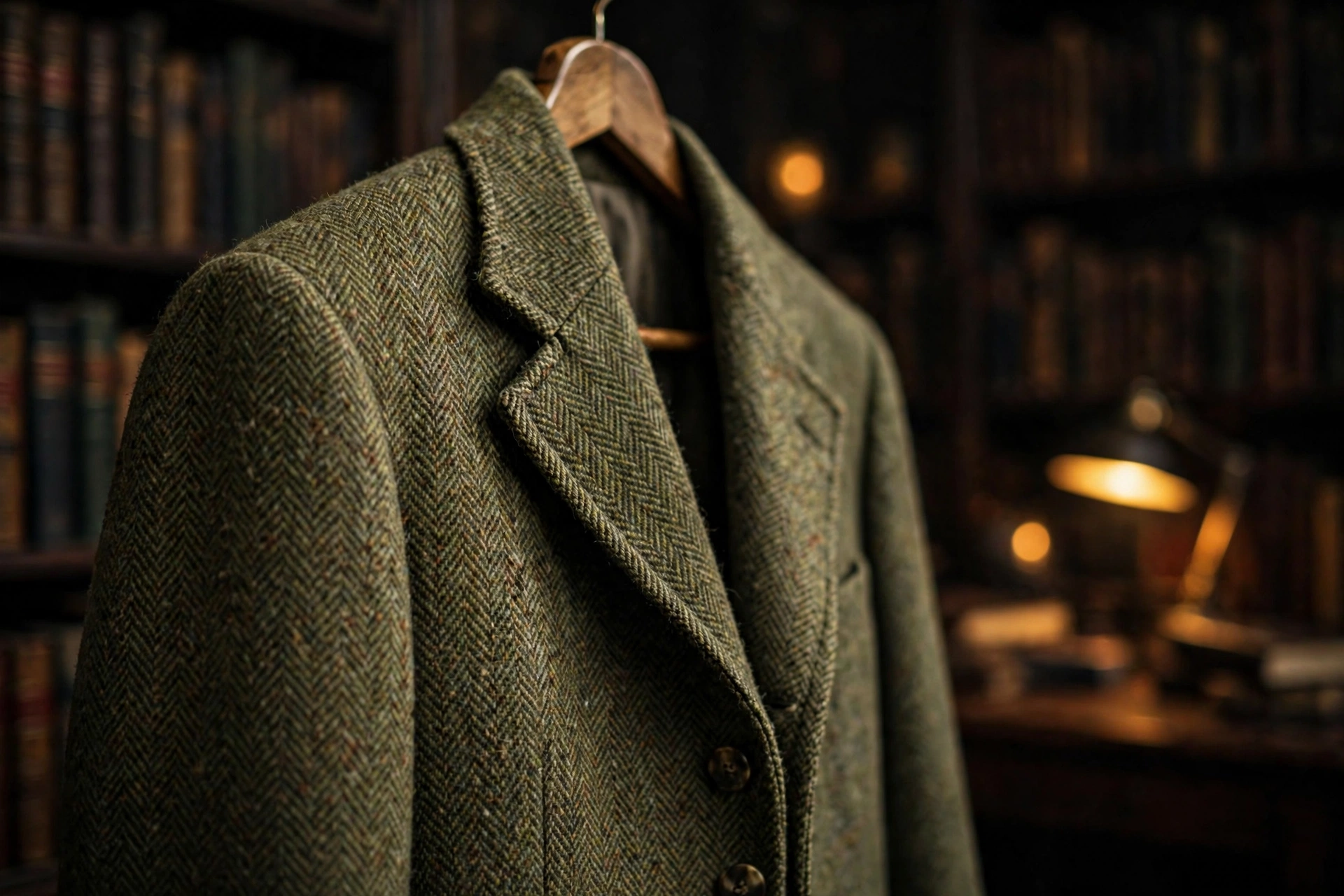 Close-up of tweed blazer texture — olive herringbone wool on a wooden hanger against dark library shelves